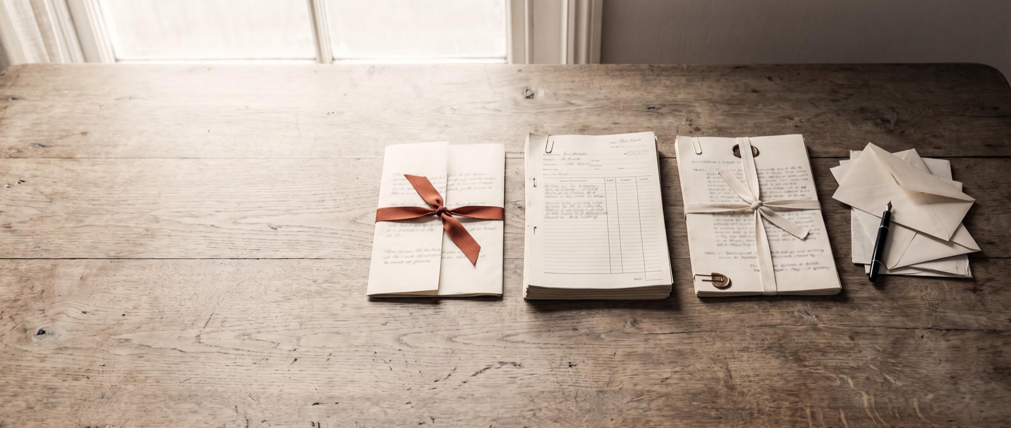 A long bare table under a window with, along its right half, a document folded in three and tied with a terracotta ribbon, a set of stapled forms, a second folded document under cotton tape with a wax seal, a small heap of opened envelopes and a black pen.